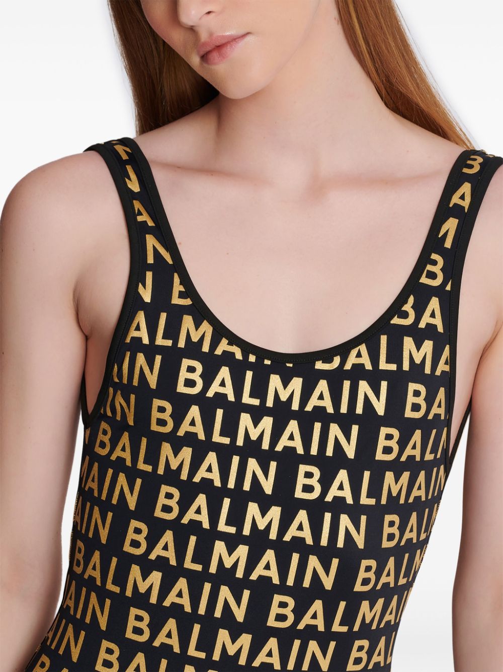 Balmain metallic-threaded logo swimsuit Women