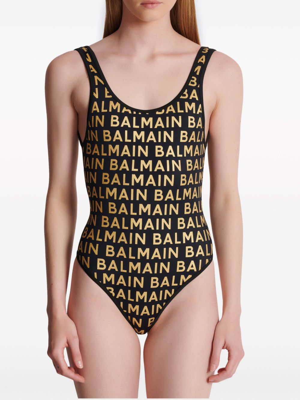 Balmain metallic-threaded logo swimsuit Women