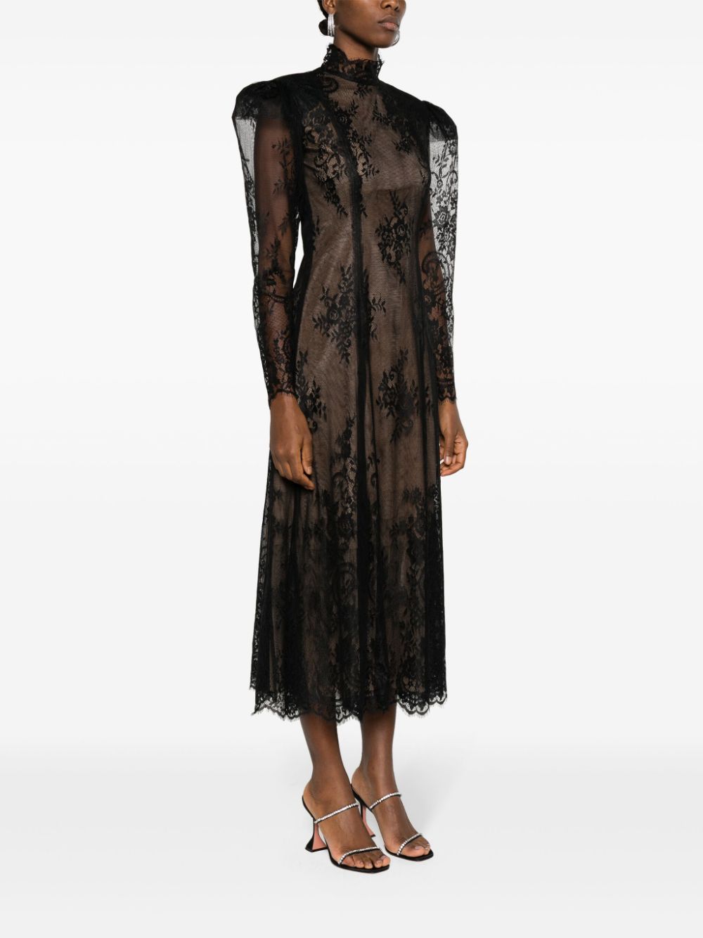 Shop Ana Radu Floral-lace Shoulder-pads Dress In Black