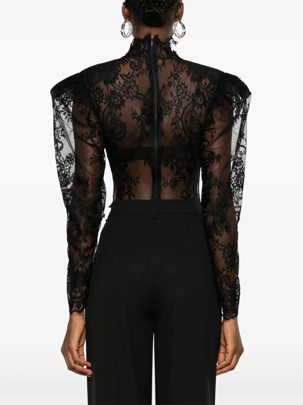 Shop Ana Radu Floral-lace Shoulder-pads Bodysuit In Black