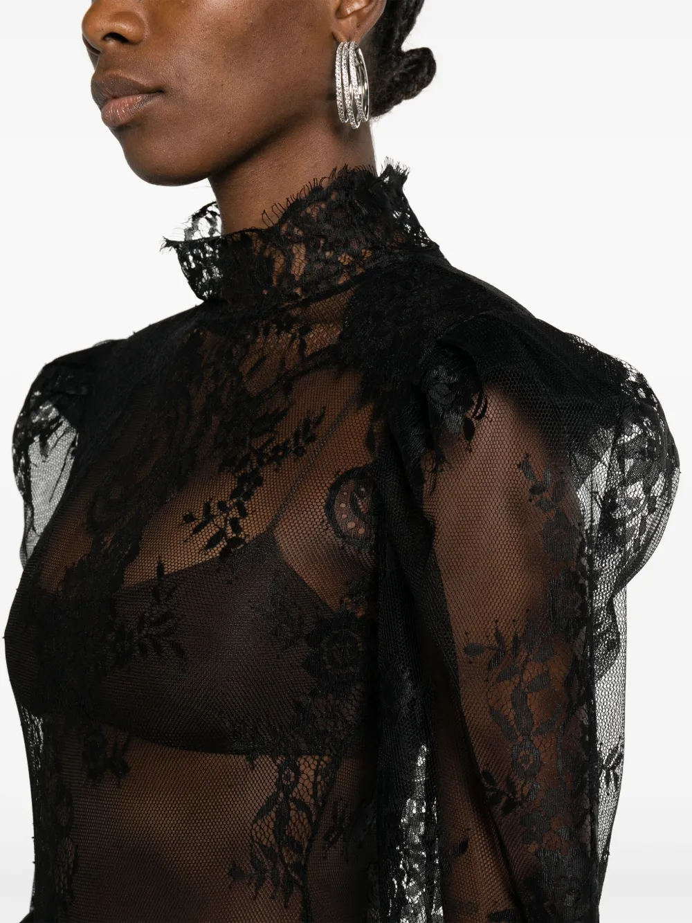 Shop Ana Radu Floral-lace Shoulder-pads Bodysuit In Black