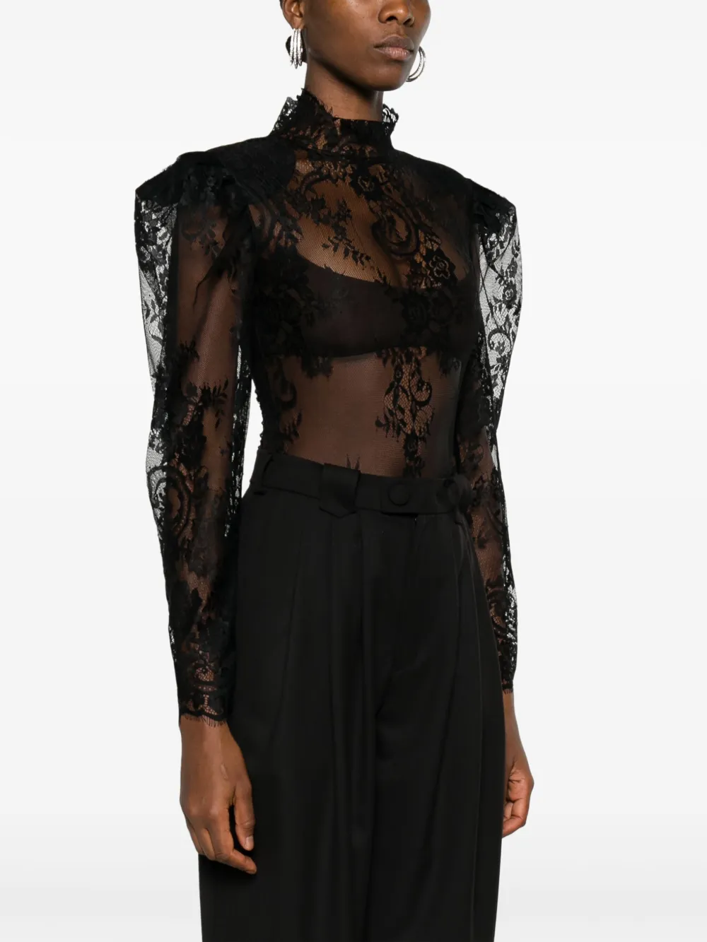 Shop Ana Radu Floral-lace Shoulder-pads Bodysuit In Black