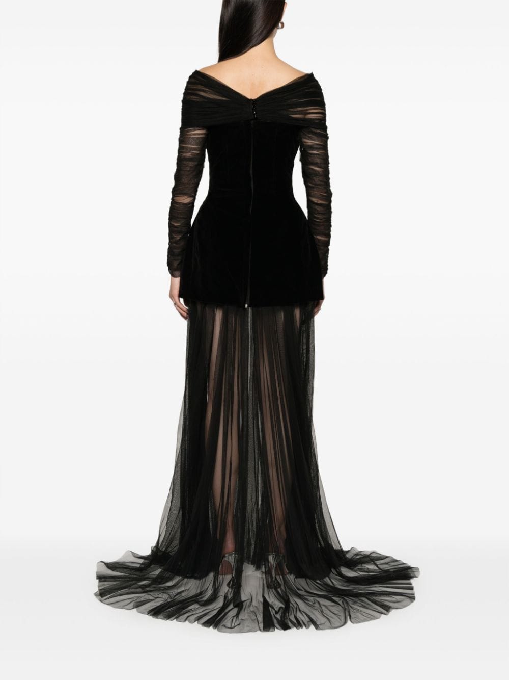 Shop Ana Radu Sheer-overlay Off-shoulder Gown In Black