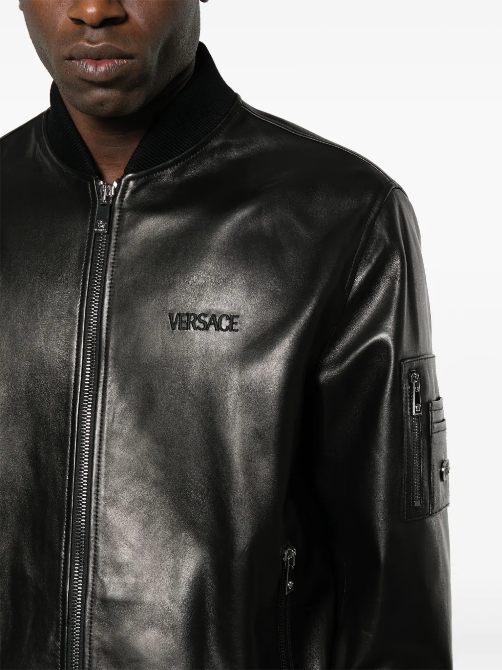 Shop Versace Leather Bomber Jacket In Black