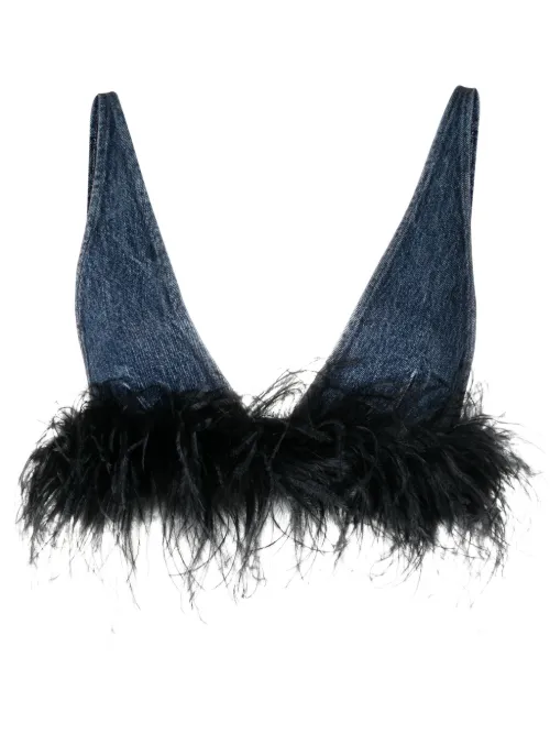 Haut en jean à détails de plumes - Miu Miu - Modalova