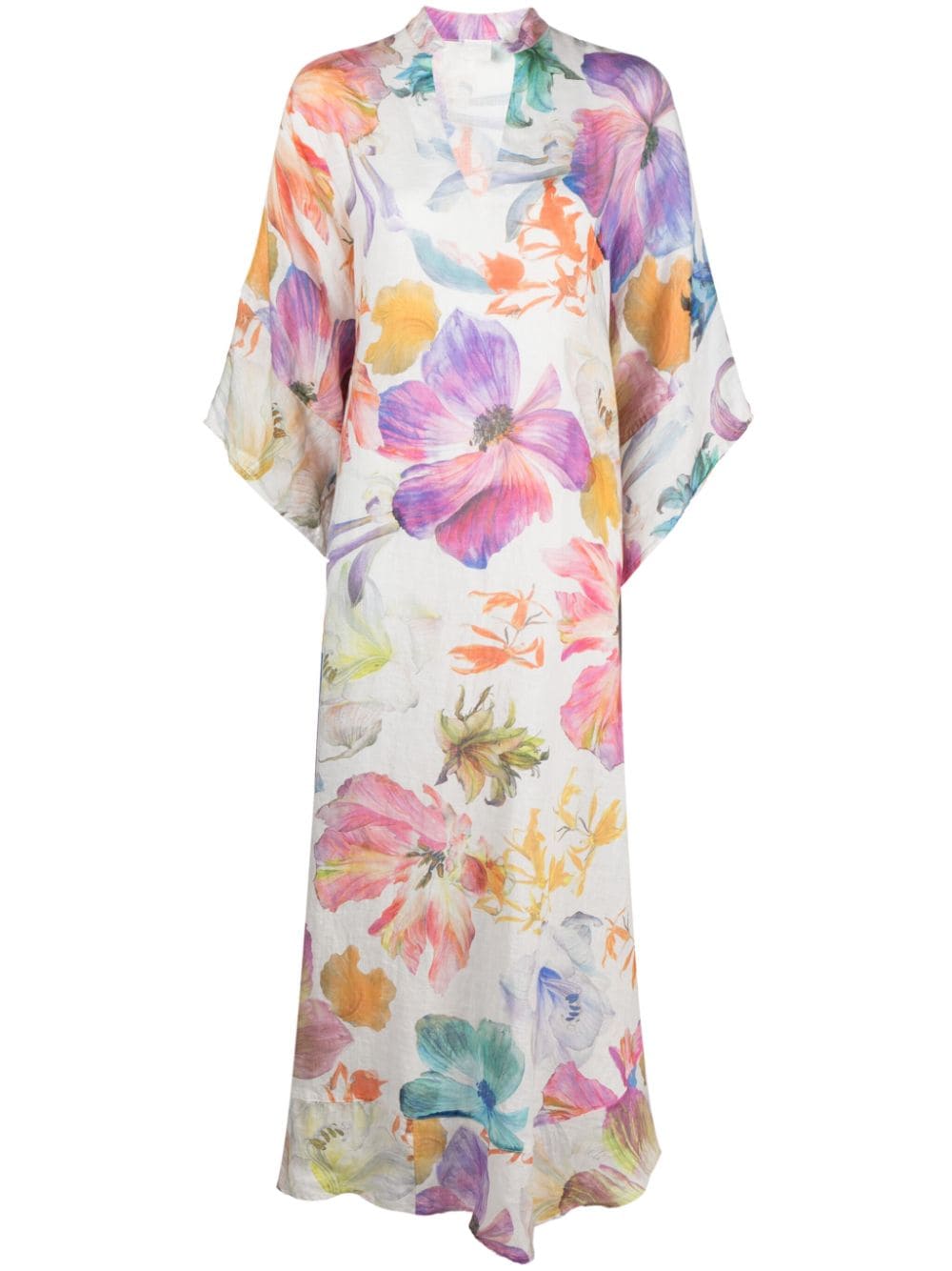 120% Lino Split-neck Floral-print Linen Caftan In Multicolor