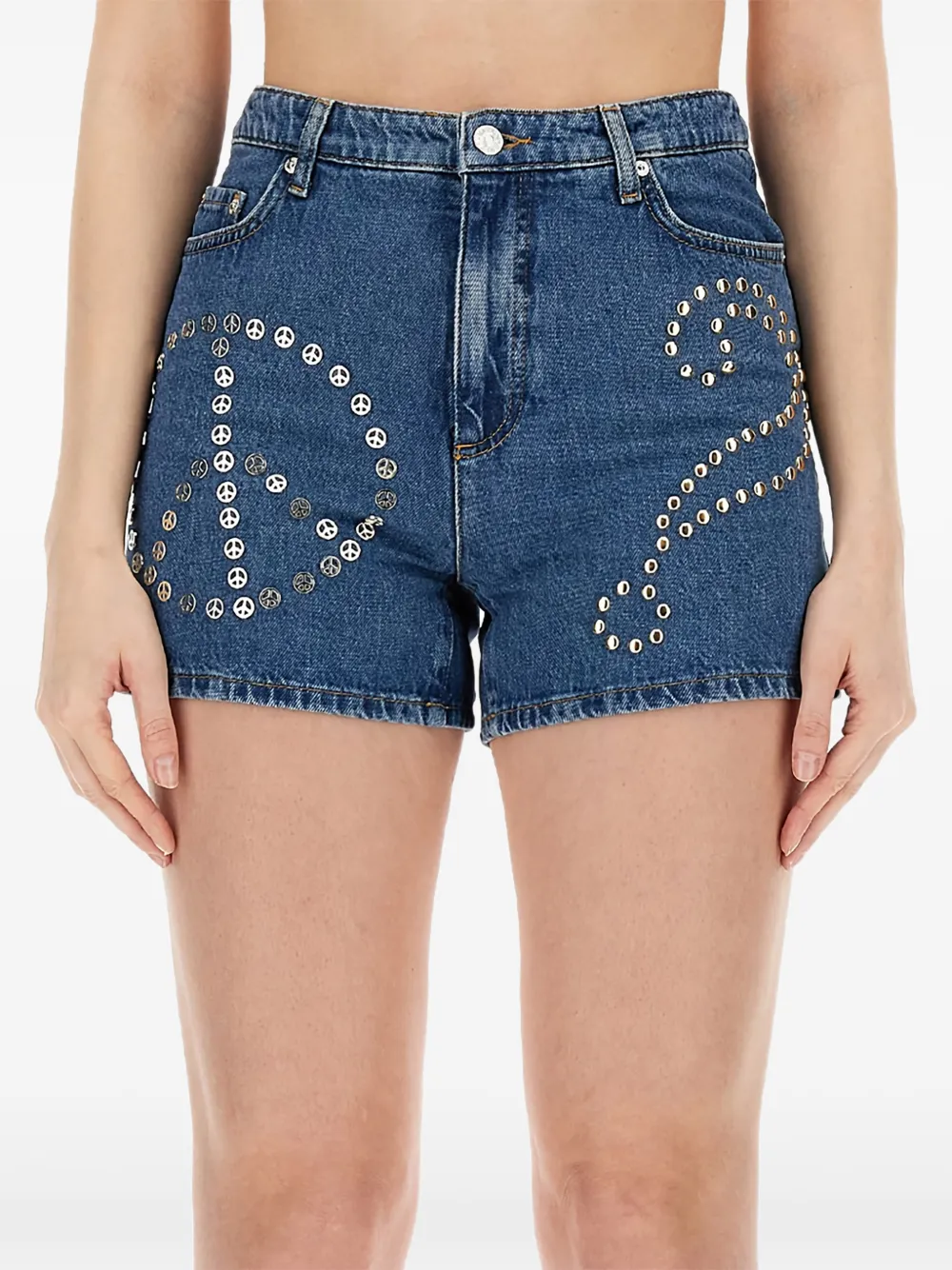  Moschino Jeans Logo-patch Stud-embellished Denim Shorts - Blue 