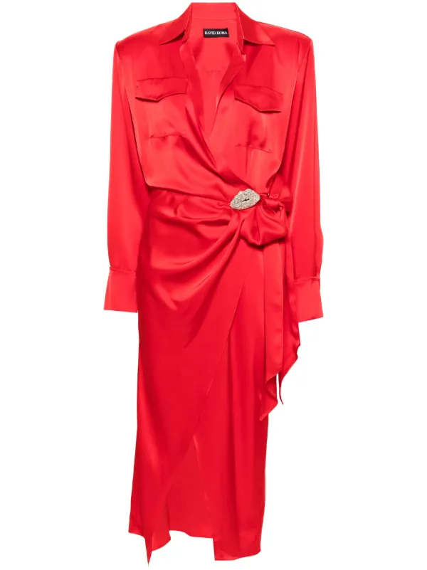 David Koma Satin Wrap Midi Dress in Red