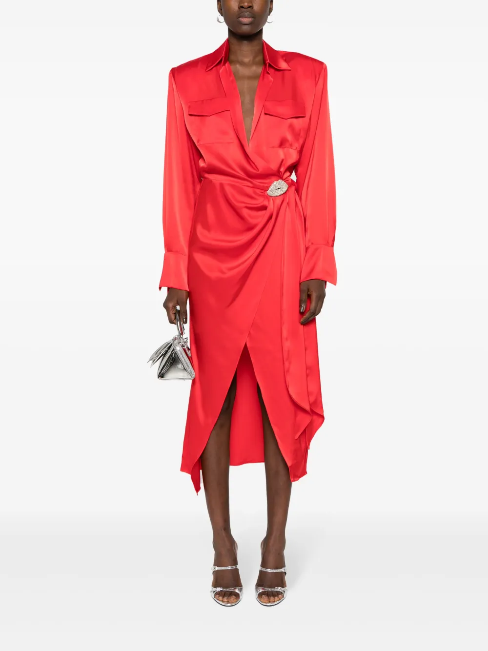 David Koma satin wrap midi dress - Rood