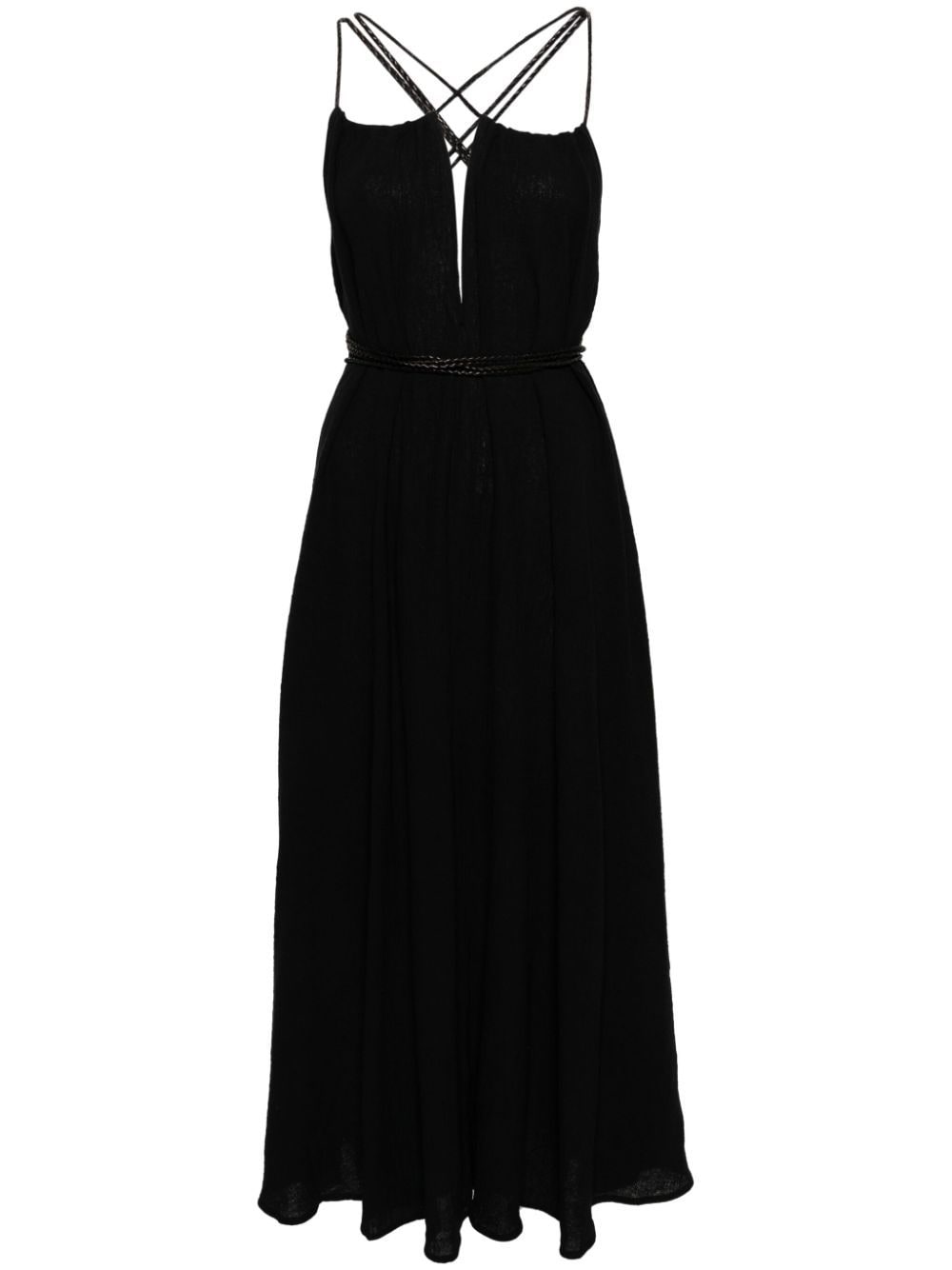 Caravana Braided-straps Cotton Midi Dress In Black