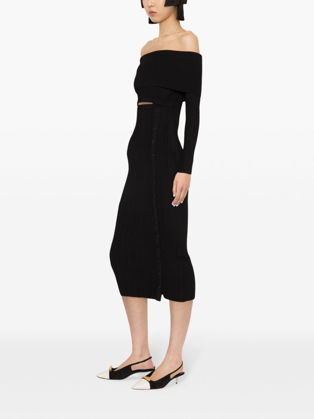 Shop Self-portrait Off-shoulder Ribbed Midi Dress In Black