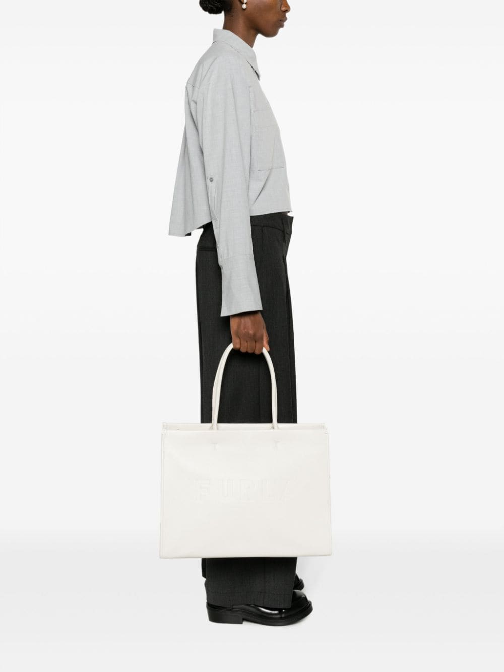 Shop Furla Logo-debossed Leather Tote Bag In Neutrals