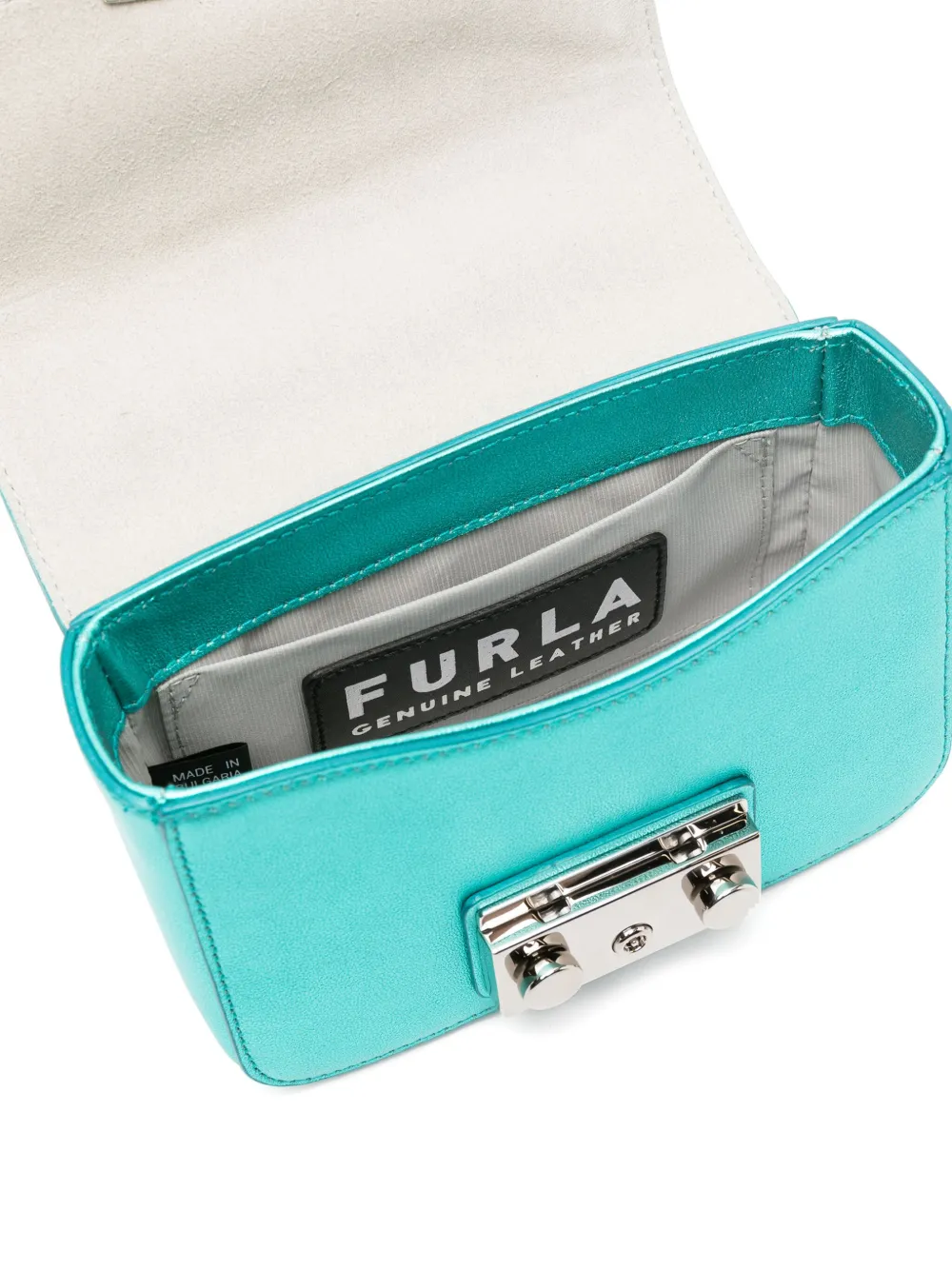 Shop Furla Mini Metropolis Metallic Leather Crossbody Bag In Blue