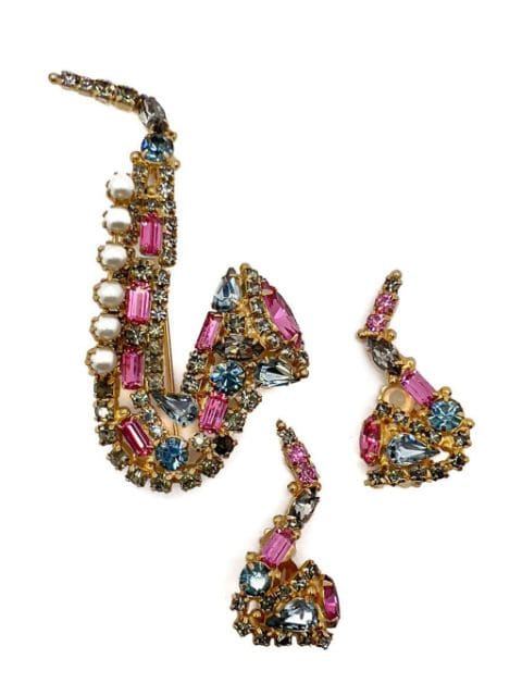 Jennifer Gibson Jewellery Vintage Original by Robert Crystal Saxophone Brooch &amp; Earrings 1960s