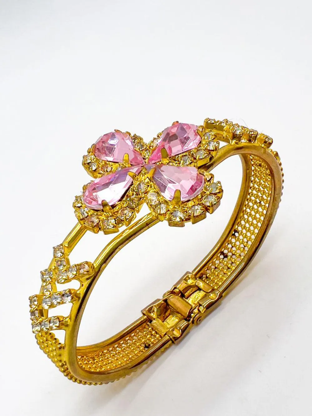 Vintage Victorian Inspired Pink Teardrop Crystal Cuff 1960s