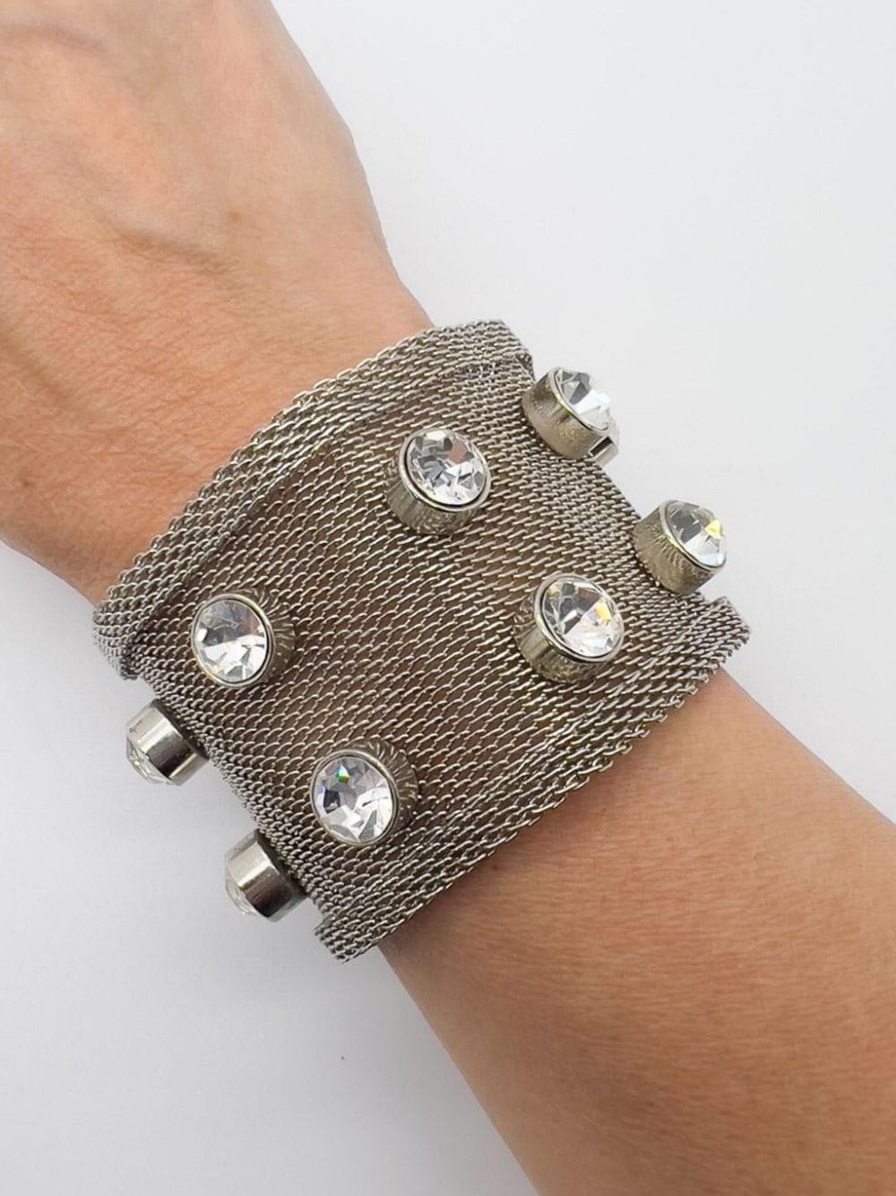 Shop Jennifer Gibson Vintage Solitaire Crystal Mesh Strap Bracelet 1990s In Grey