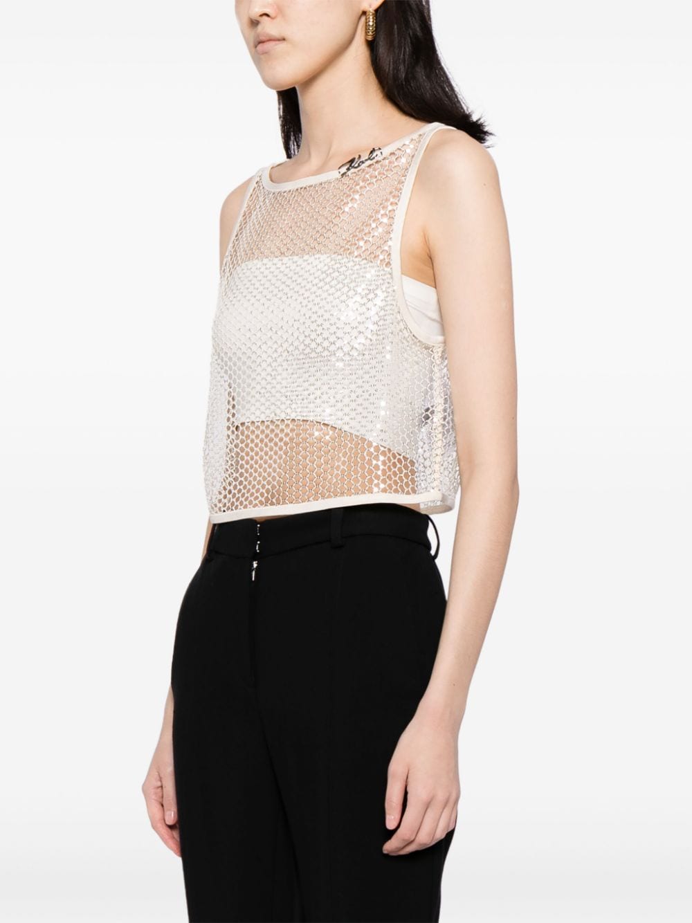Karl Lagerfeld Cropped mesh top met pailletten Beige