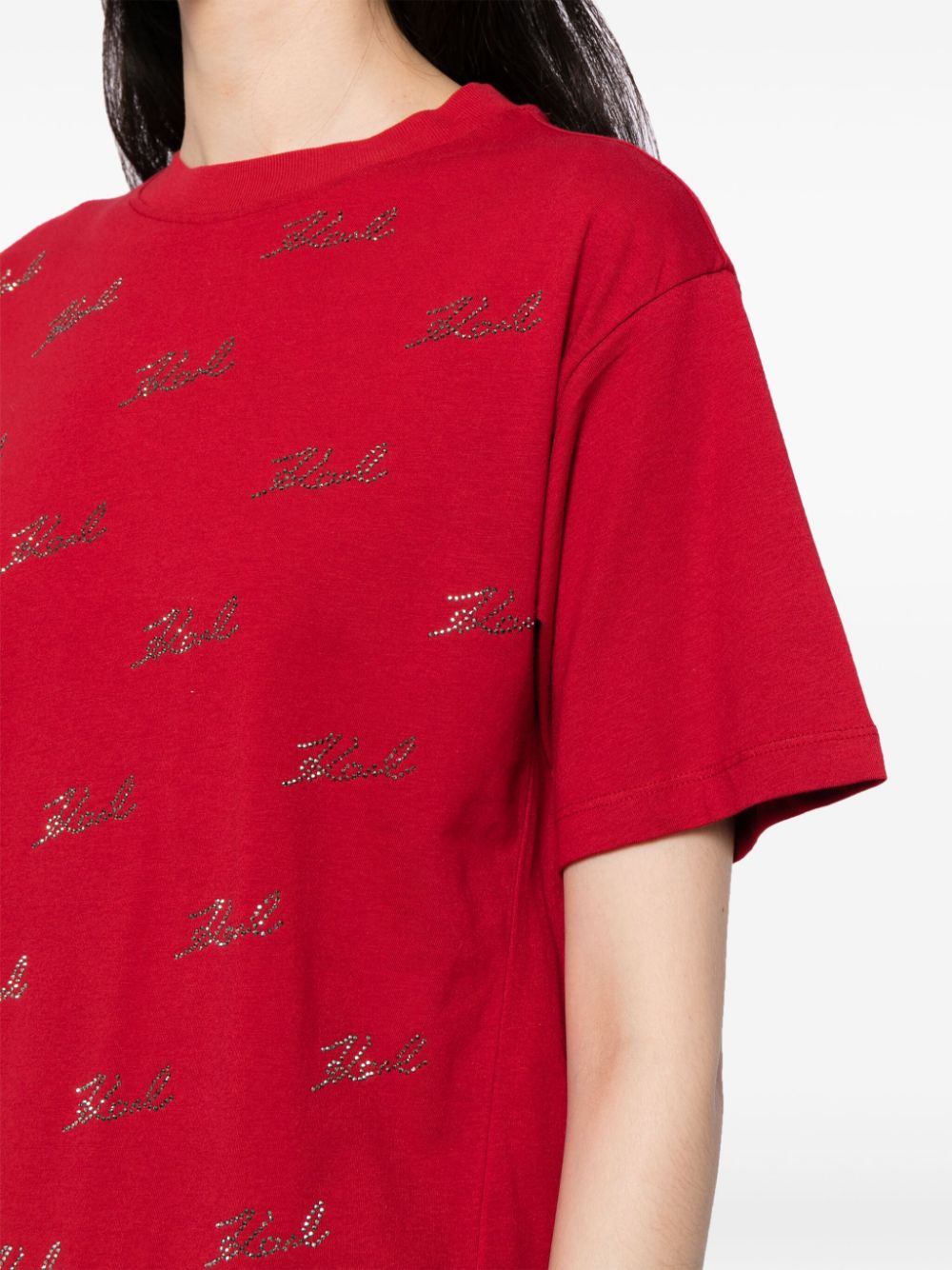 Shop Karl Lagerfeld Logo Rhinestone-embellished T-shirt In Red