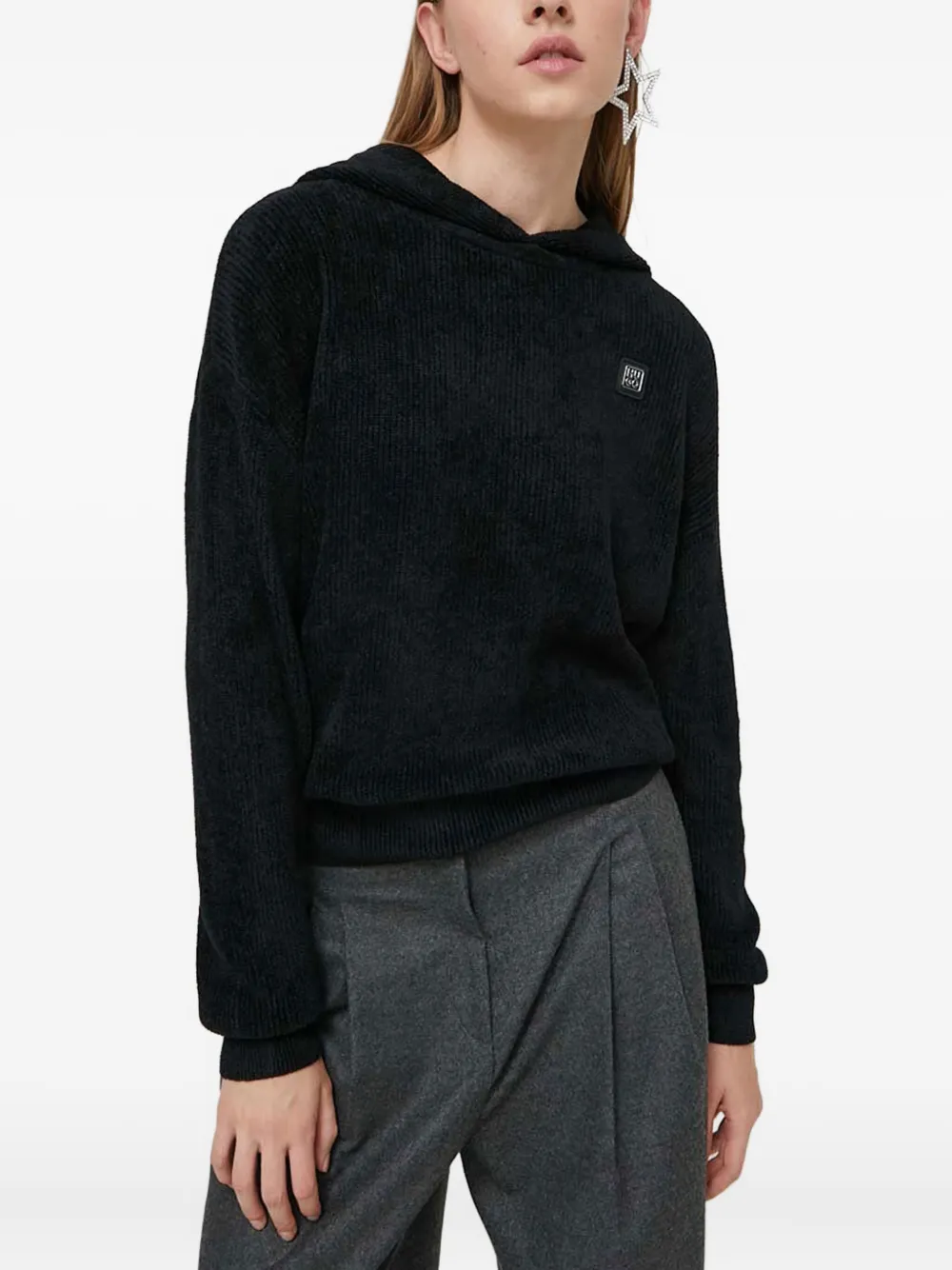 HUGO logo-patch ribbed hoodie - Zwart