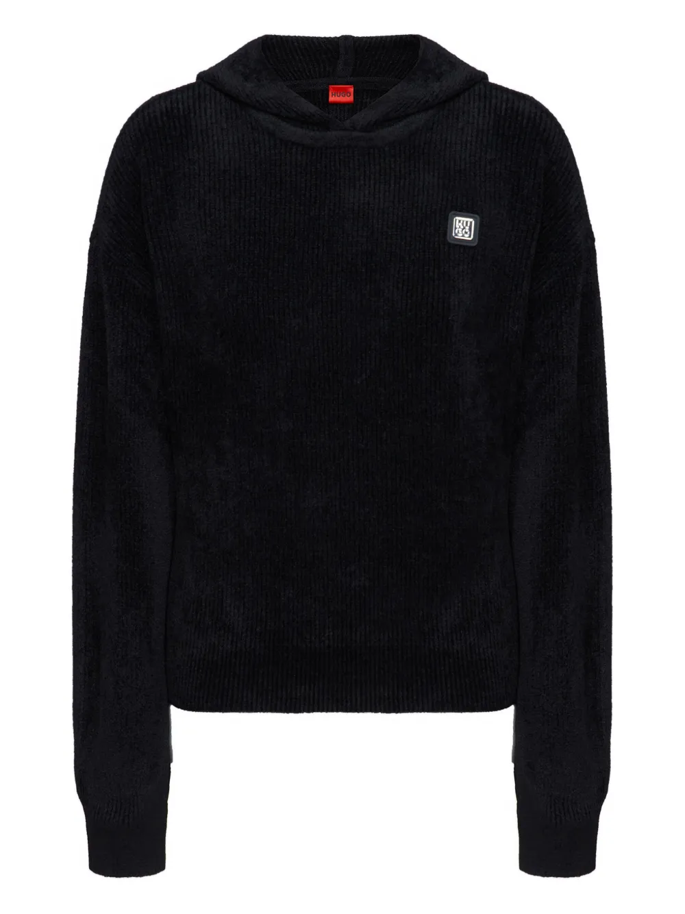 Hugo Boss Logo-patch Ribbed Hoodie In Black