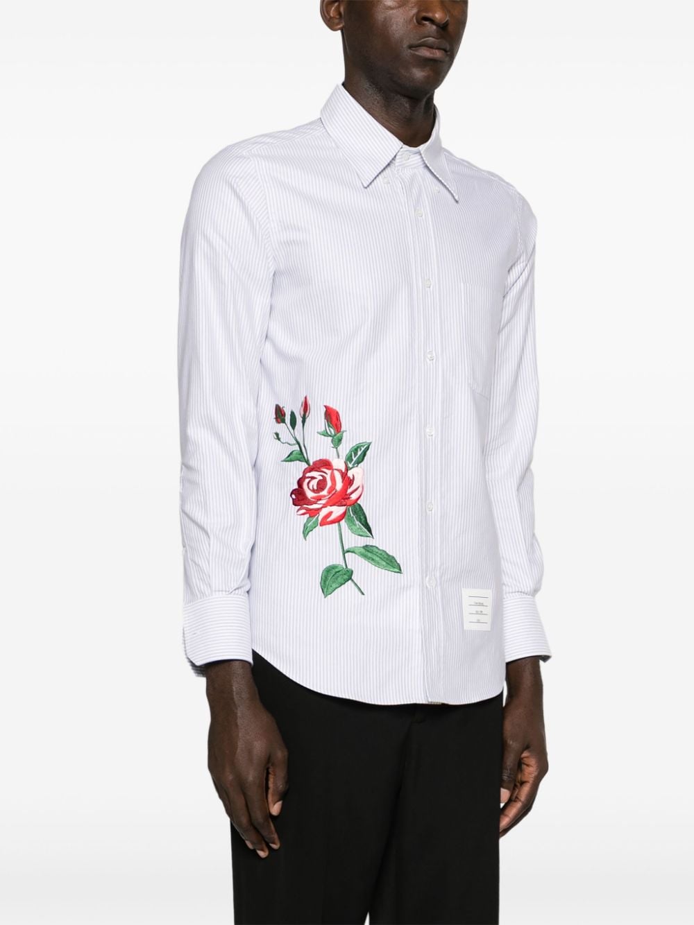 Shop Thom Browne Rose-embroidered Striped Cotton Shirt In Grey