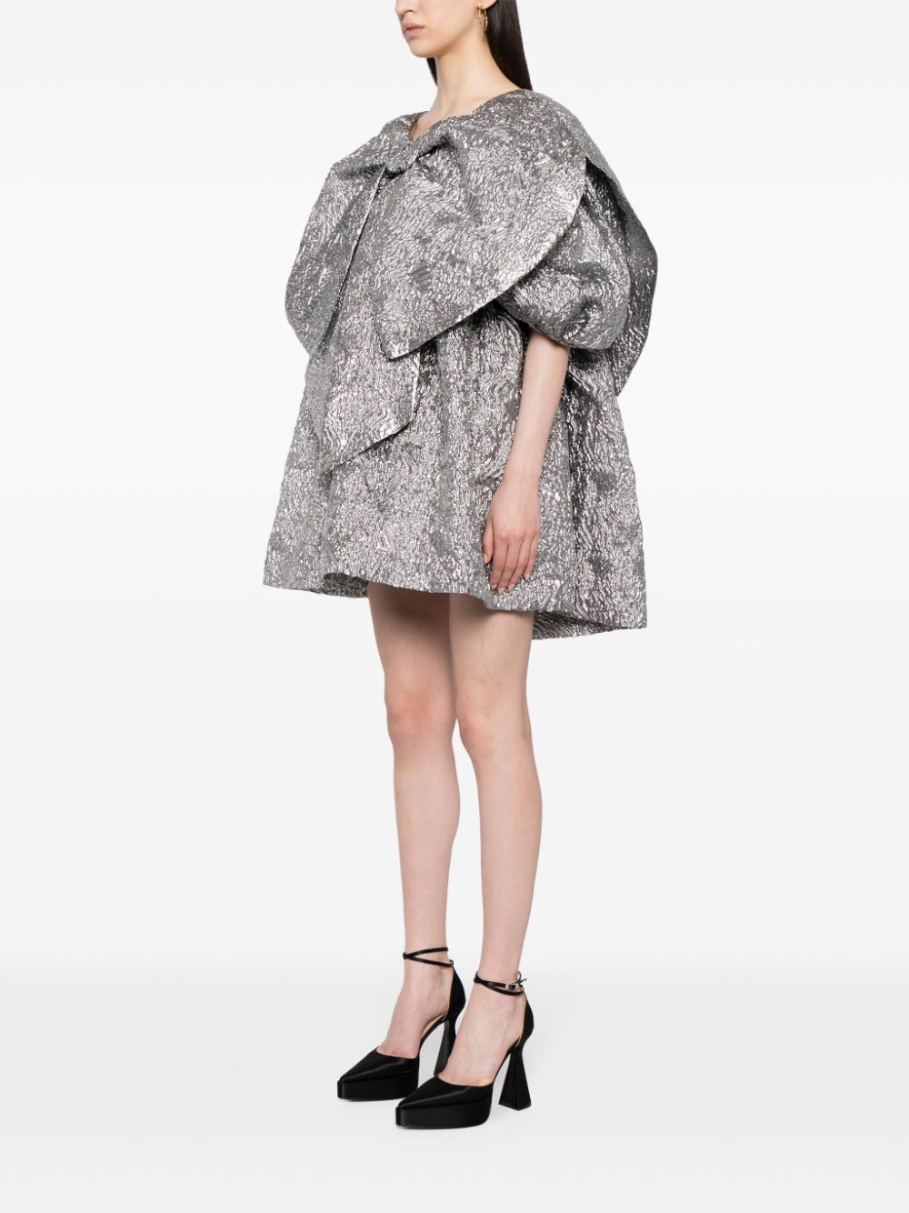 Shop Simone Rocha Short Double Bow Smock Mini Dress In Metallic