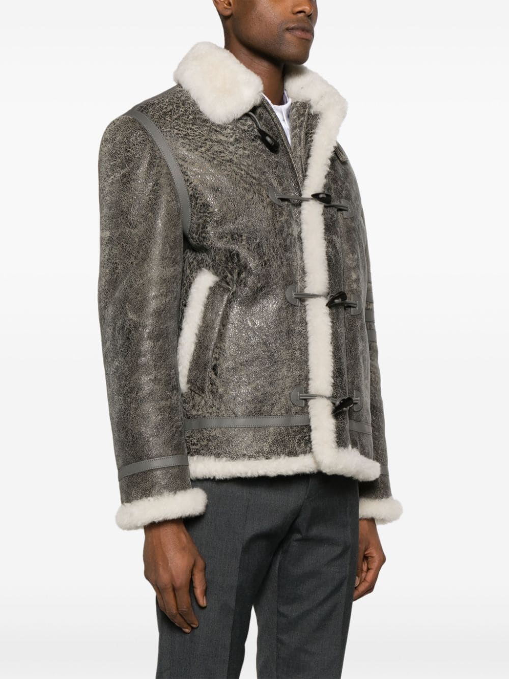 Shop Thom Browne Shearling-trim Cracked Leather Jacket In Grey