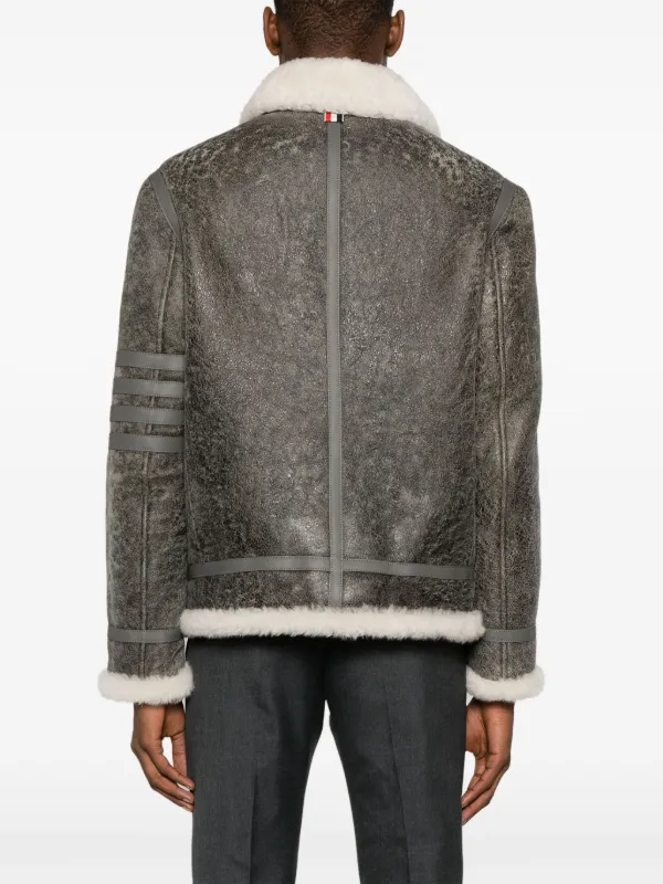 Thom Browne shearling-trim Cracked Leather Jacket | Grey
