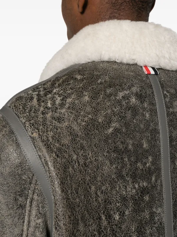 Thom Browne shearling-trim Cracked Leather Jacket | Grey | FARFETCH