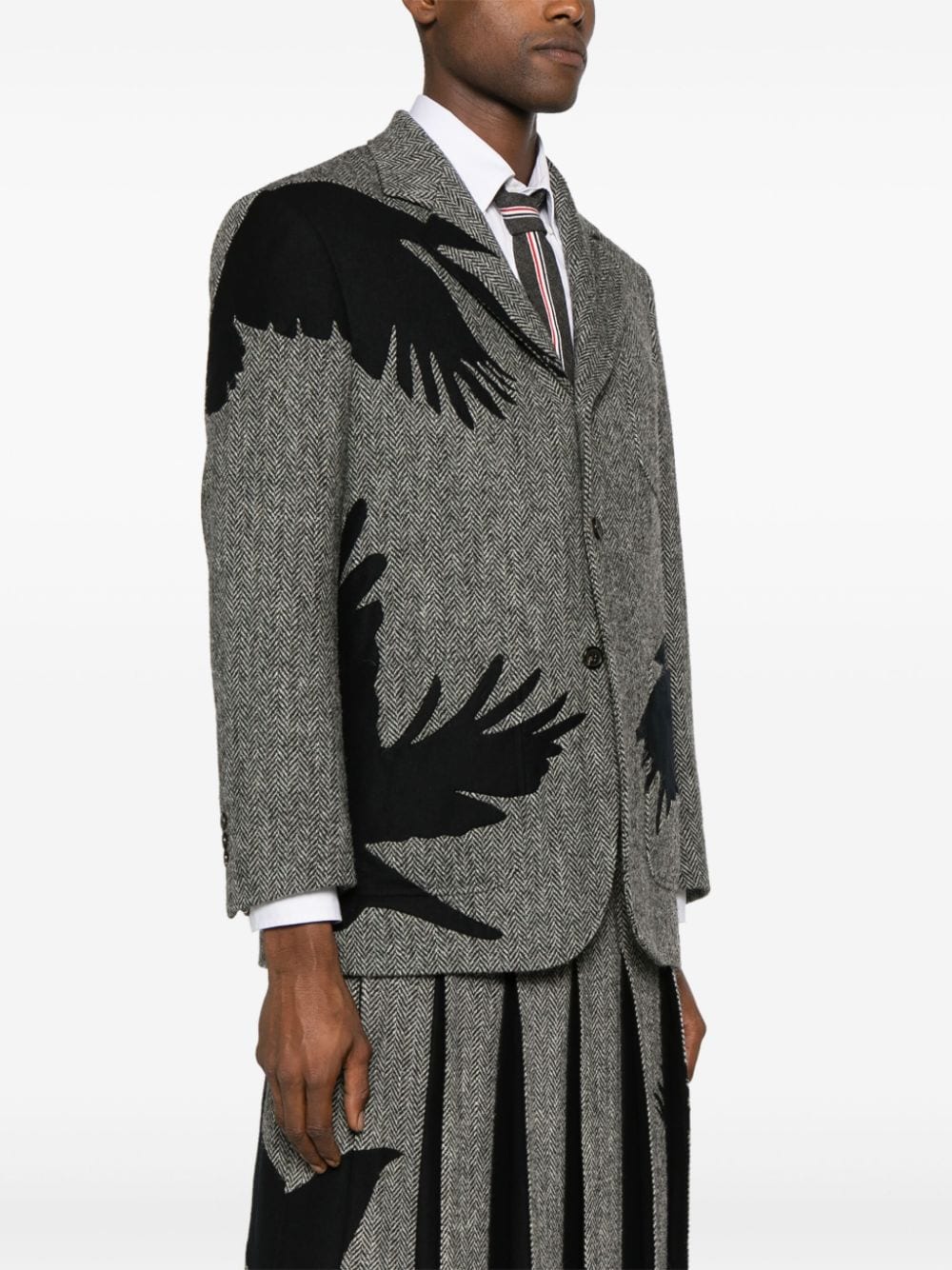 Shop Thom Browne Harris-tweed Raven-embroidered Blazer In Black