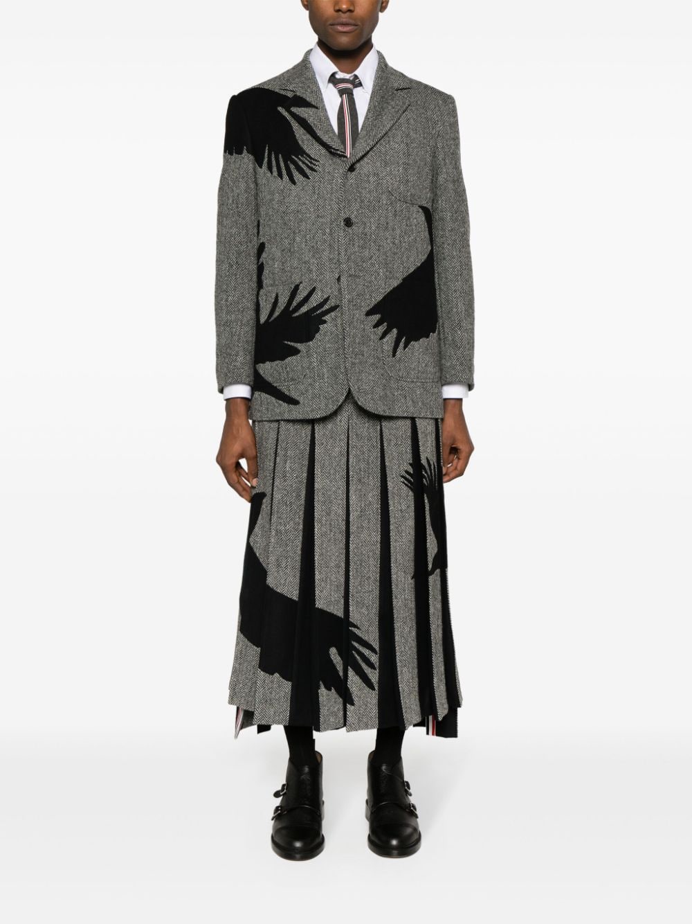 Shop Thom Browne Harris-tweed Raven-embroidered Blazer In Black