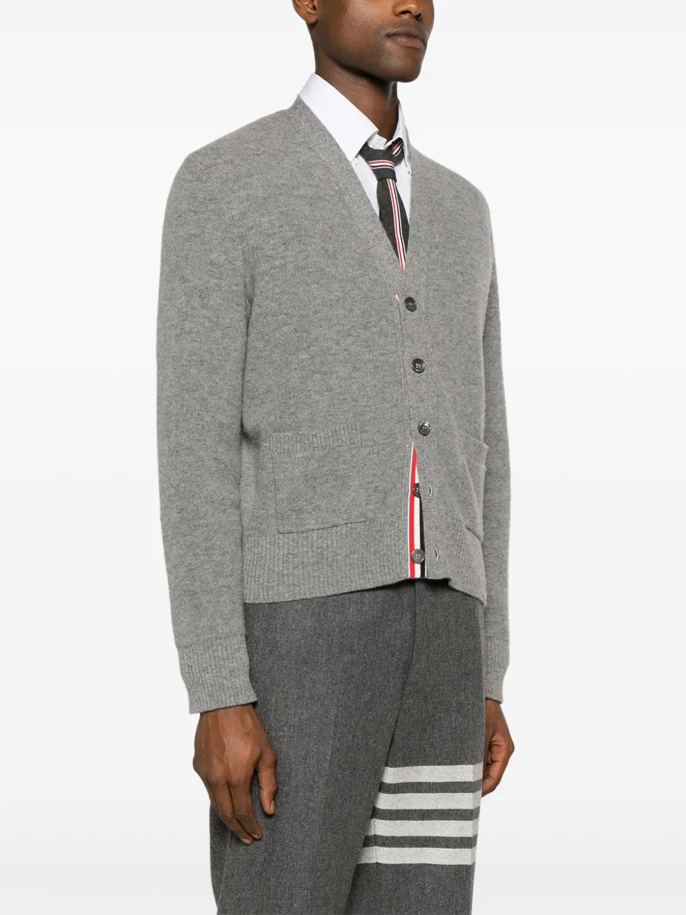 Thom Browne Rwb-stripe Wool Cardigan In Grey