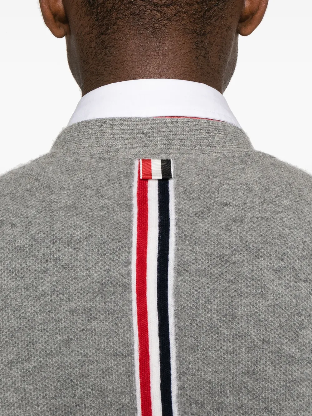 Thom Browne Rwb-stripe Wool Cardigan In Grey
