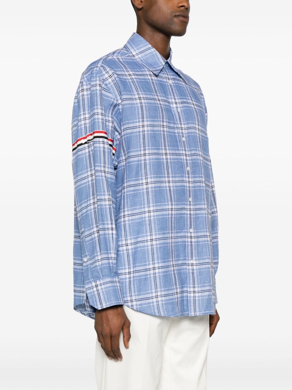 Shop Thom Browne Rwb Stripe Checked Linen Shirt In Blue