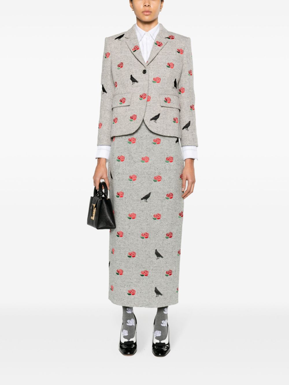 Shop Thom Browne Rose-embroidered Herringbone Blazer In Grey