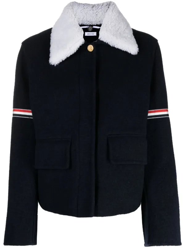 Thom Browne Wool Cashmere Armband Bell Sleeve Jacket with Shearling Collar in Blue