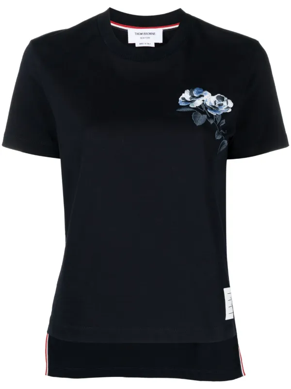 Thom Browne rose embroidered Cotton T shirt Blue FARFETCH CA