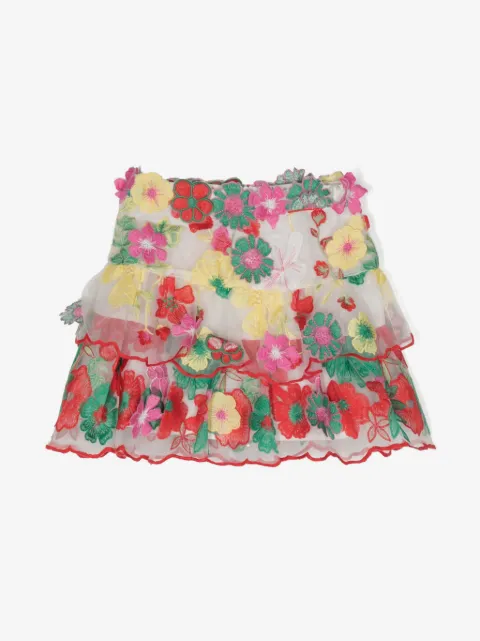 MARLO floral-embroidery tulle-overlay skirt