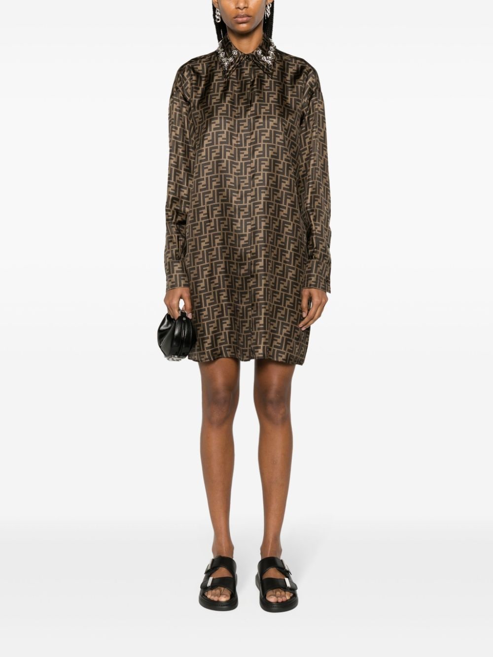 Shop Fendi Ff-motif Embellished-collar Dress In Brown