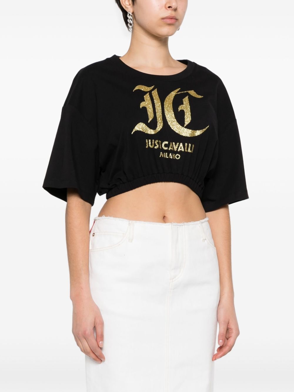 Shop Just Cavalli Logo-print Cotton Crop Top In Black