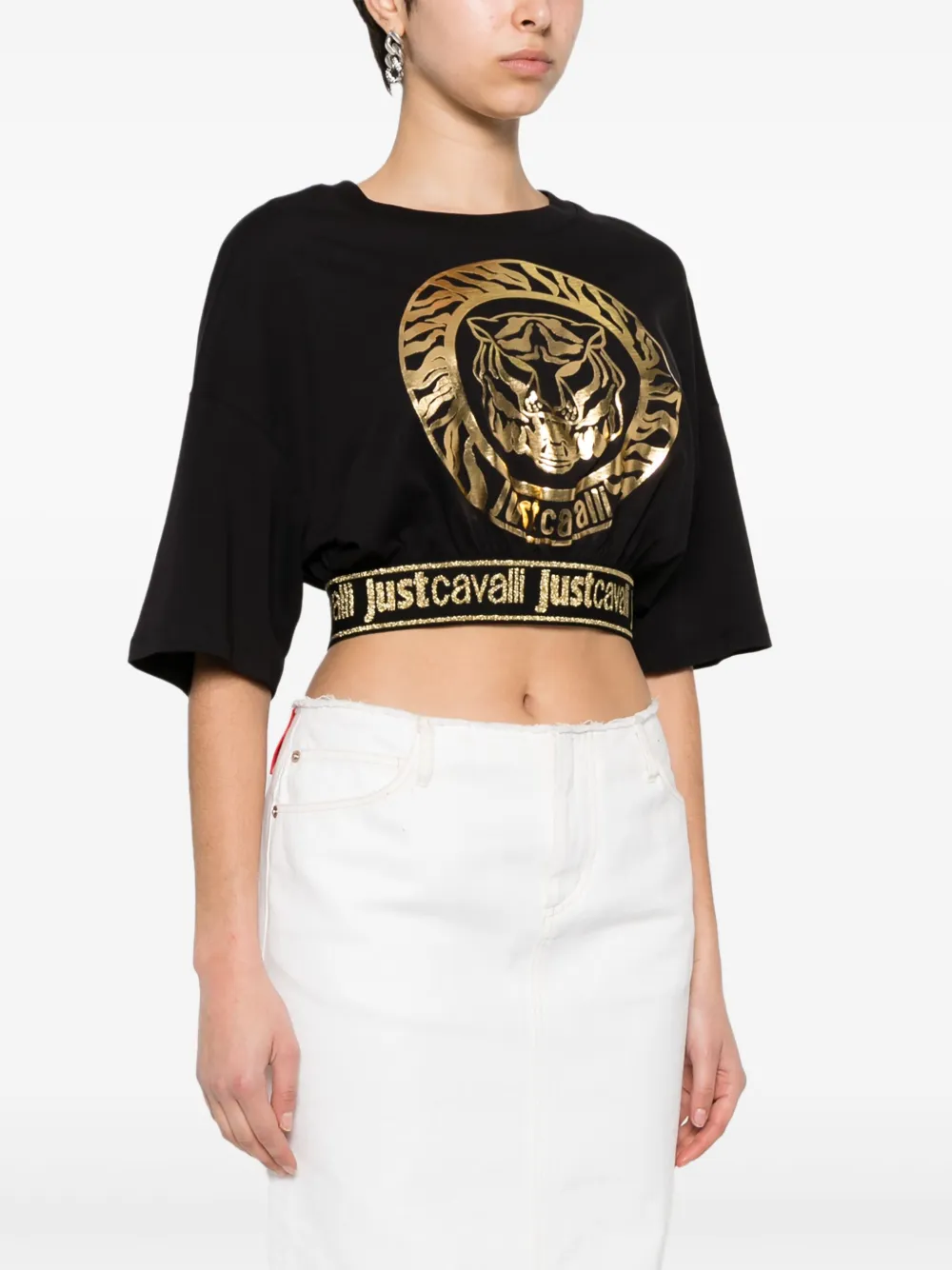 Shop Just Cavalli Logo-print Cotton Crop Top In Black