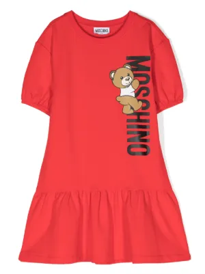 Moschino Girls LS Dress W All Over Heart Bear Logo Print CREAM