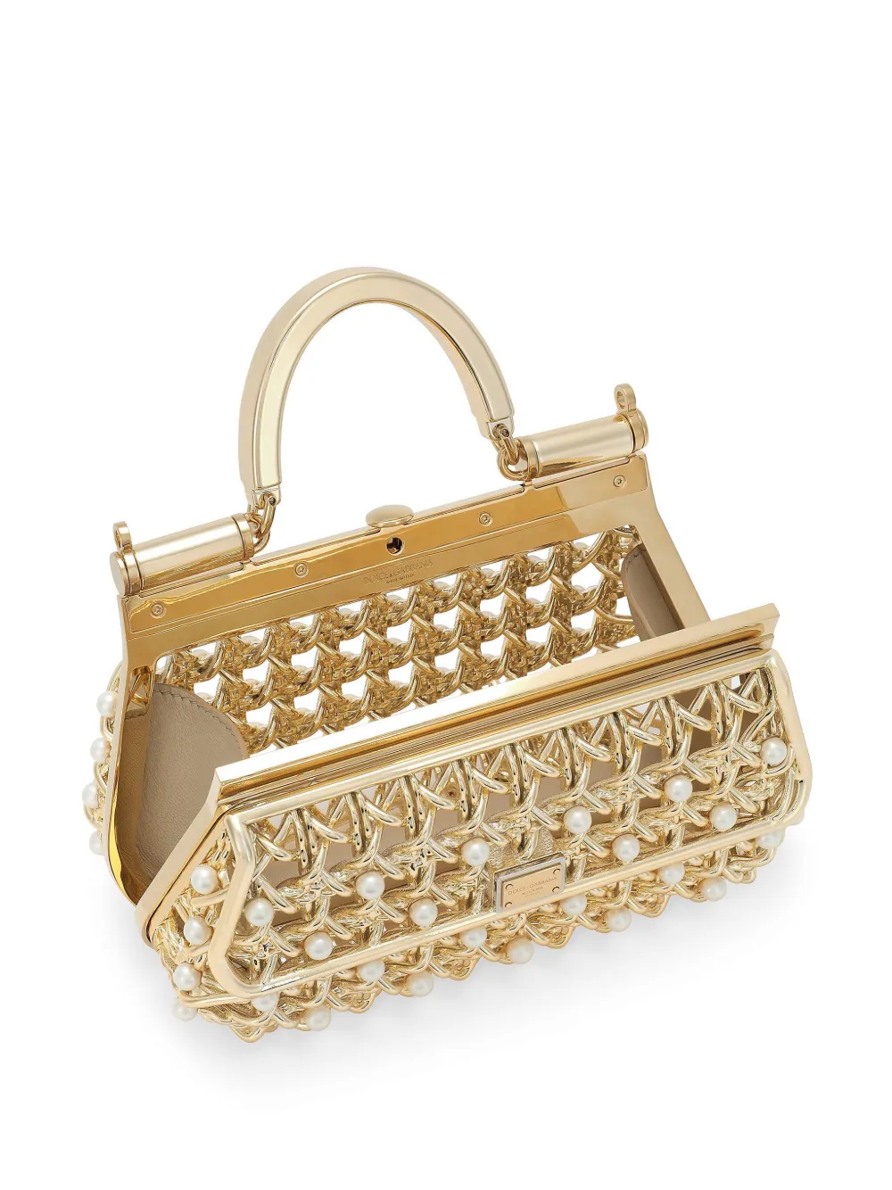 Shop Dolce & Gabbana Pearl-embellished Caged Tote Bag In Gold