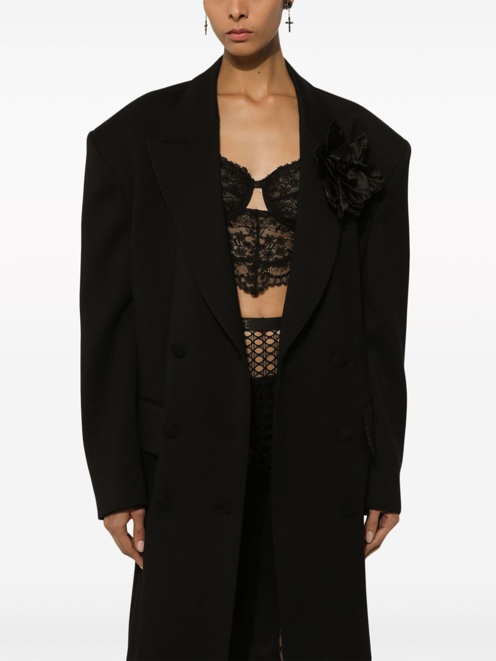 Shop Dolce & Gabbana Floral-appliqué Virgin Wool Coat In Black