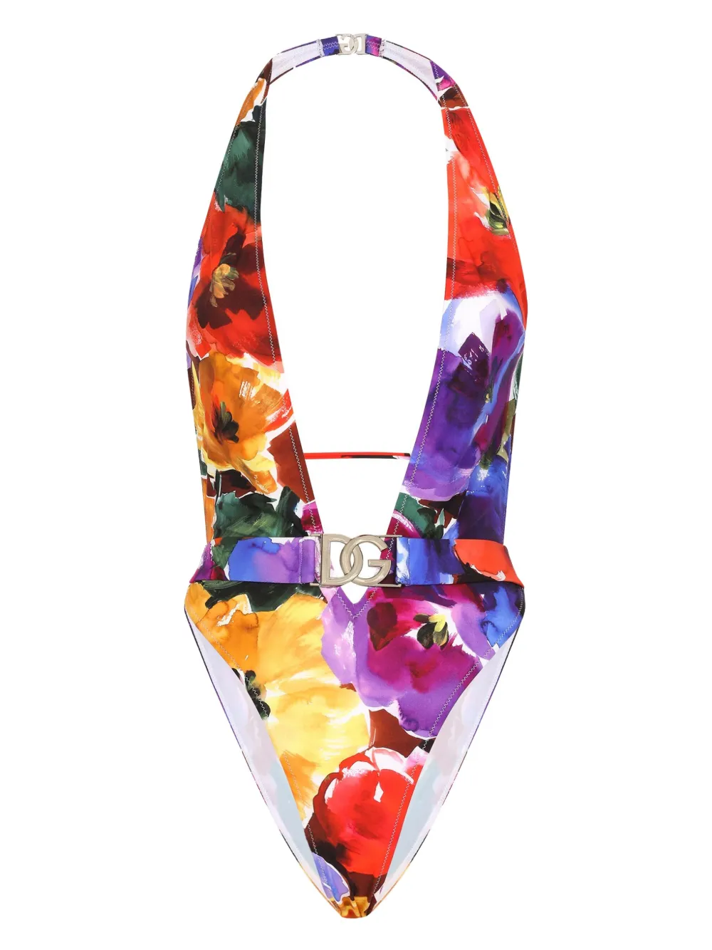 Shop Dolce & Gabbana Floral-print Belted Swimsuit In Red