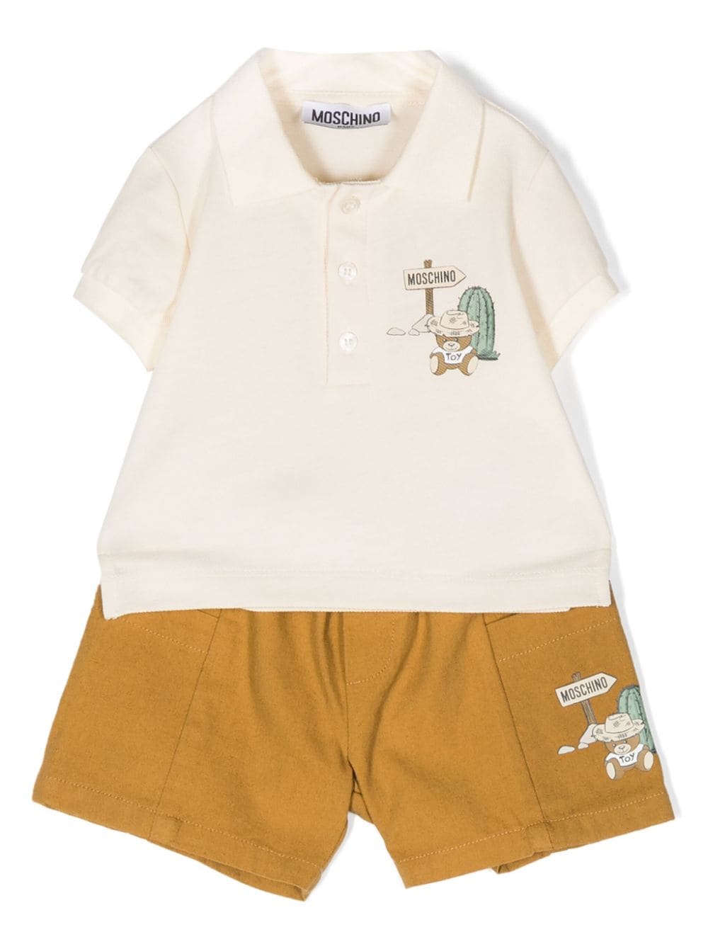Moschino Babies' Logo-print Polo-collar Shorts Set In Brown
