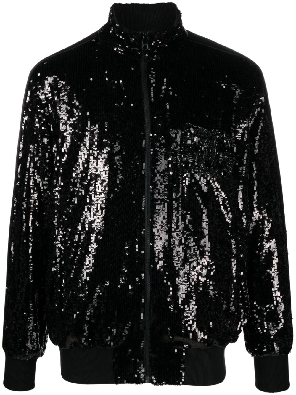 Dolce & Gabbana Embellished-logo Sequin Silk Jacket In Black