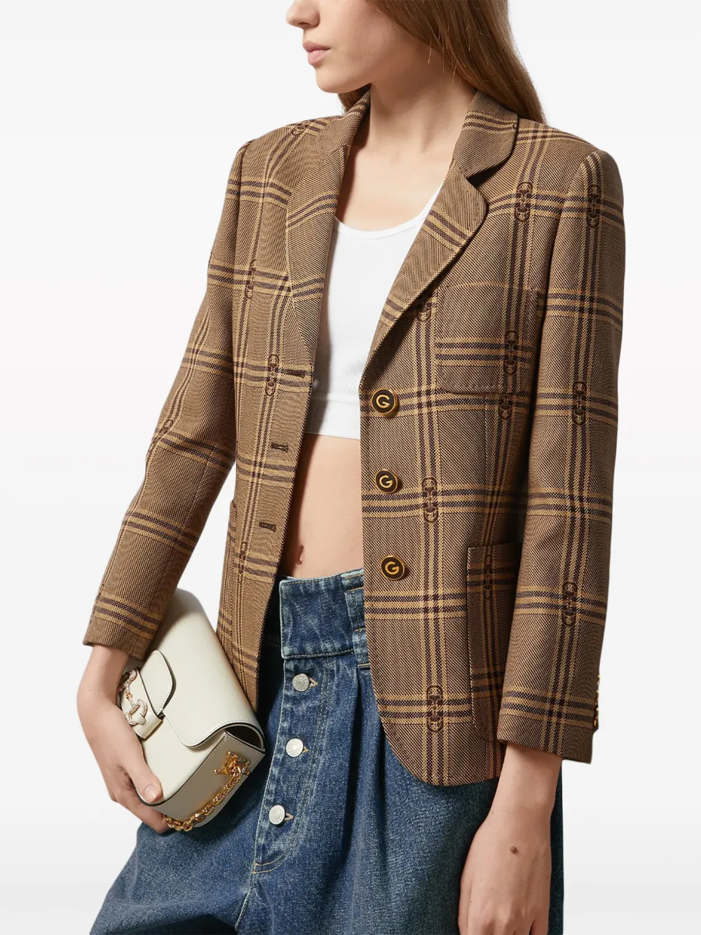 Shop Gucci Horsebit Checked-jacquard Wool Blazer In Braun