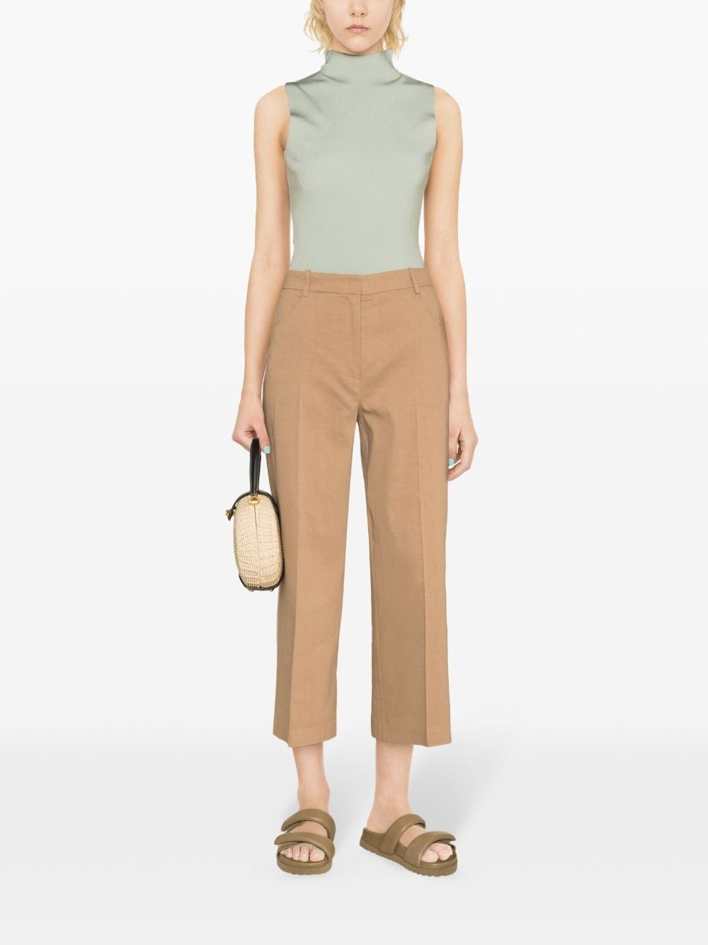 Shop Pinko Protesilao Linen Blend Cropped Trousers In Braun