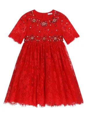 Dolce & Gabbana Kids cordonetto-lace Bejewelled Dress | Red | FARFETCH